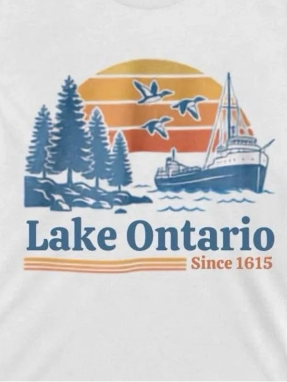 White Lake Ontario Graphic Tee with Blue and Orange Print - Picture 2 of 4